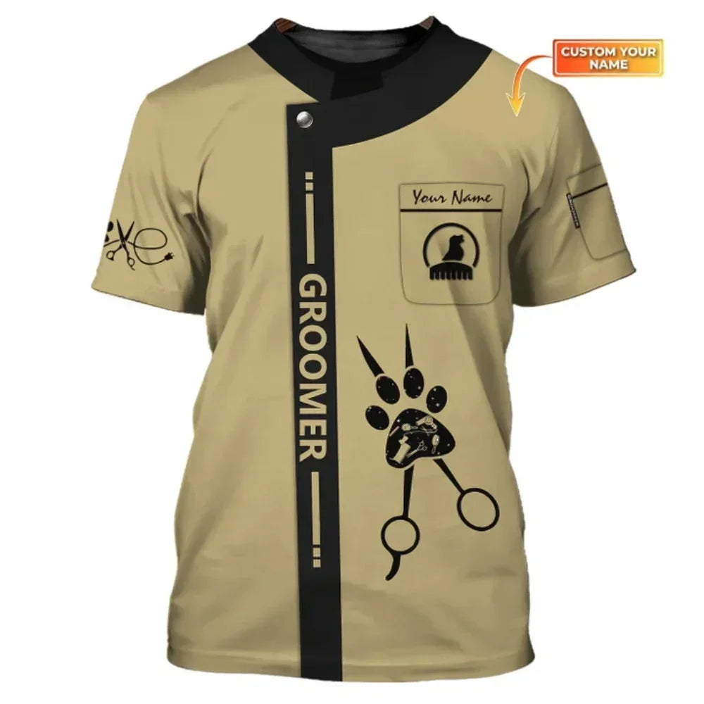 the GROOMER - Dog Grooming Graphic Printed Casual T-Shirts, Pet Groomer Customized Oversized Workwear, EU Size Unisex Pullover