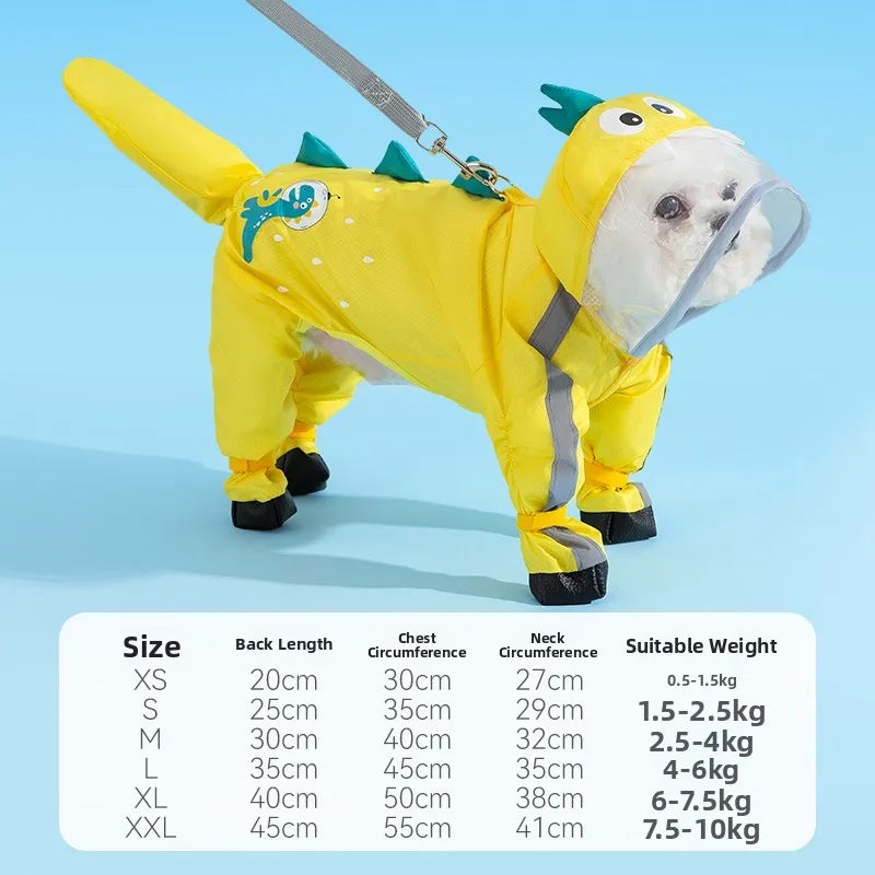 the YELLOW DINOSAUR - Small Dog Raincoat, Pet Four Foot Waterproof Full Wrap, Teddy Bichon Schnauzer Puppy Raincoat with Feet, Casual Dog Clothes