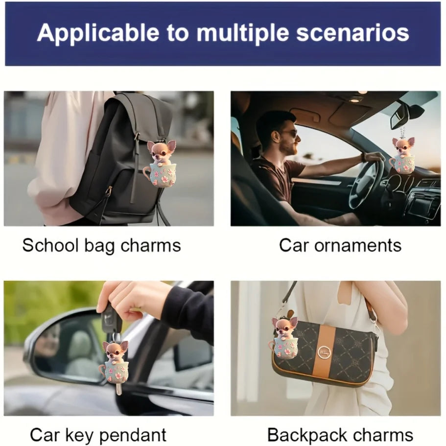 2D Chic Chihuahua Keychain Puppy in Tea Cup Pendant Ornament Acrylic Charm For Christmas ,Backpack,Bag,Home,Festive,Gift&Decor