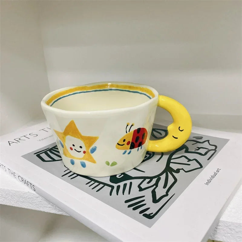 300ml Creative Cartoon Ladybug Dog Pattern Coffee Cup with Moon Handle Ceramic Mug Breakfast Milk Cups for Kids Birthday Gift