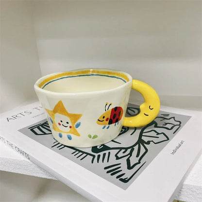 300ml Creative Cartoon Ladybug Dog Pattern Coffee Cup with Moon Handle Ceramic Mug Breakfast Milk Cups for Kids Birthday Gift