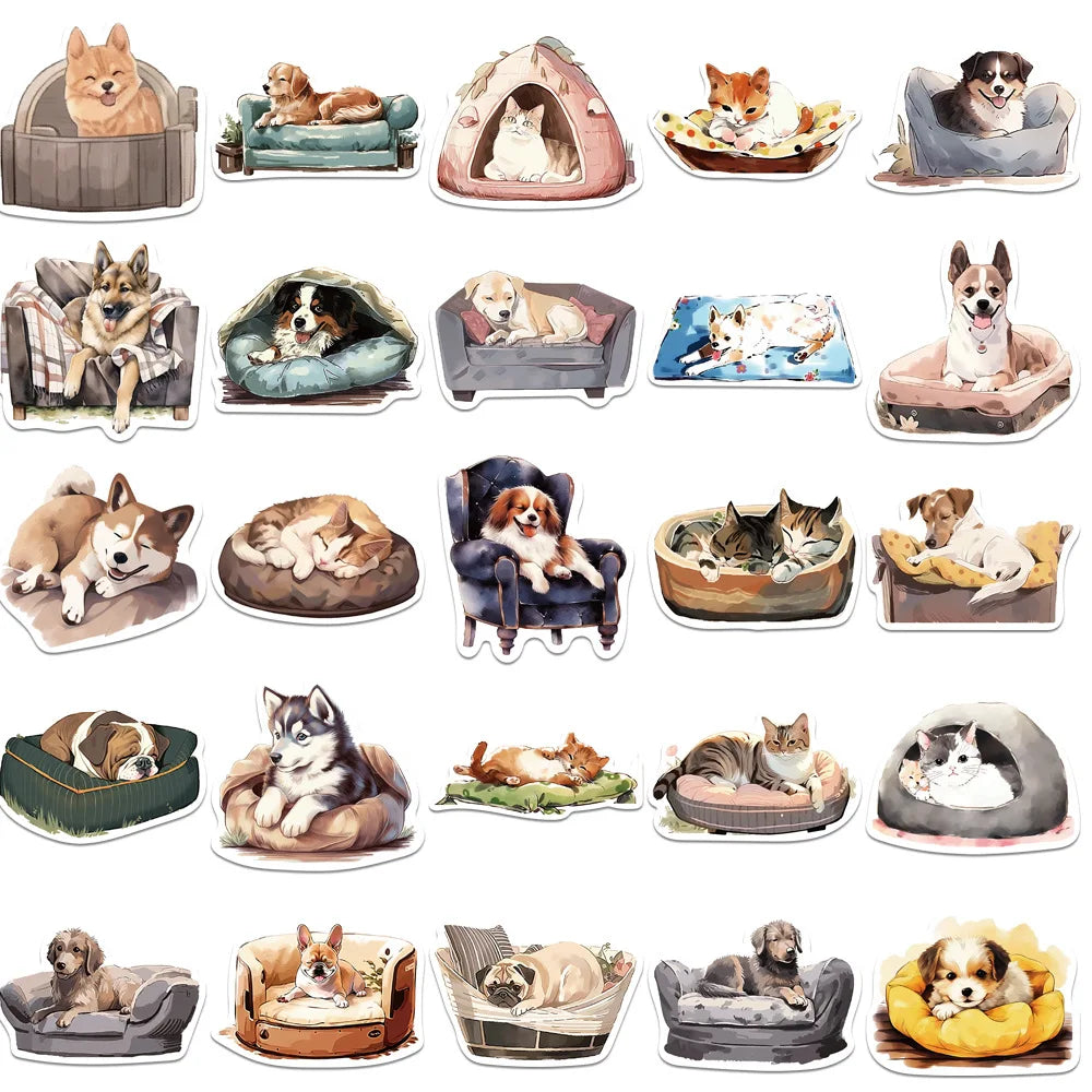 50PCS Cute Pet Animal Comfortable Dog Cat Sticker Cartoon Decals Laptop Notebook Phone Fridge Decoration Sticker Toys