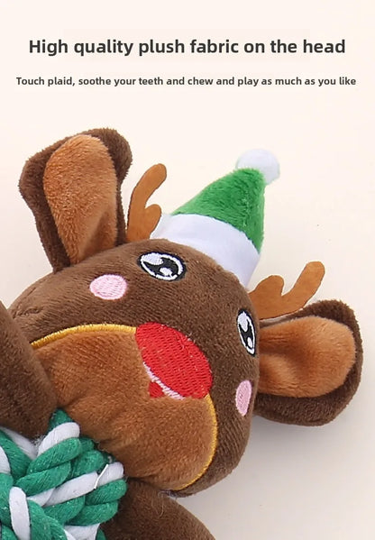 the MERRY PLUSH MUNCHERS - Christmas Plush Dog Toys with Cotton Rope & Squeakers, Chew Resistant Animal Dental Toys for Puppies, Teething Chew Toys