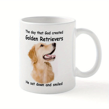 1pc Golden Retriever 11oz White Ceramic Coffee Mug with C-Handle - "He Sat Down and Smiled" Humorous Dog Lover Quote, Durable &