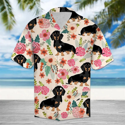 the HAWAIIAN DOG-O - Funny Dachshund Pattern Hawaiian Shirts, Summer Casual Short Sleeve Cute Dog 3D Printed Shirt, Loose Breathable Vacation Blouses