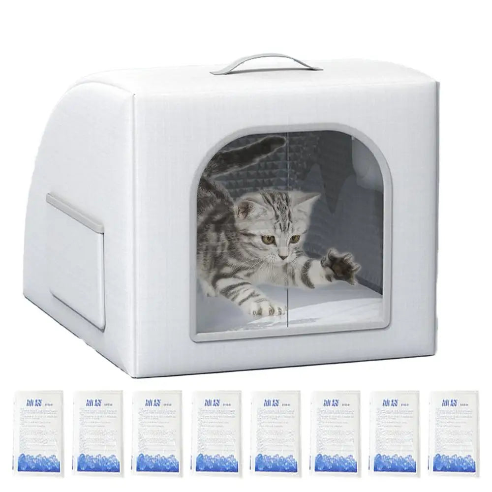 the COOLING CAVE - Doghouse with Cooling, Foldable Pet Cooling Shelter for Dogs/Cats with 8 Ice Bags, Doghouse for Farm, Backyard, Living Room, Front Door