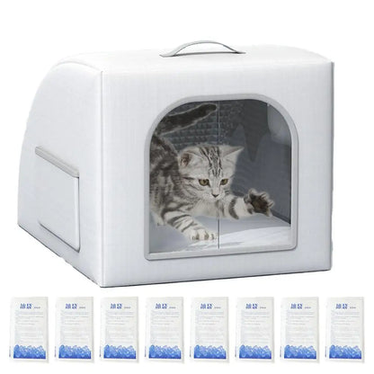 the COOLING CAVE - Doghouse with Cooling, Foldable Pet Cooling Shelter for Dogs/Cats with 8 Ice Bags, Doghouse for Farm, Backyard, Living Room, Front Door