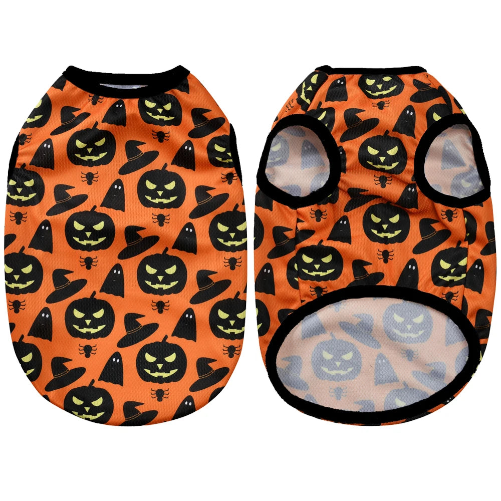 Halloween Ghost Pumpkin Print Dog T-shirt For Small Medium Dogs Cats Breathable Puppy Vest Costume Schnauzer Yorkshire Pet Coat