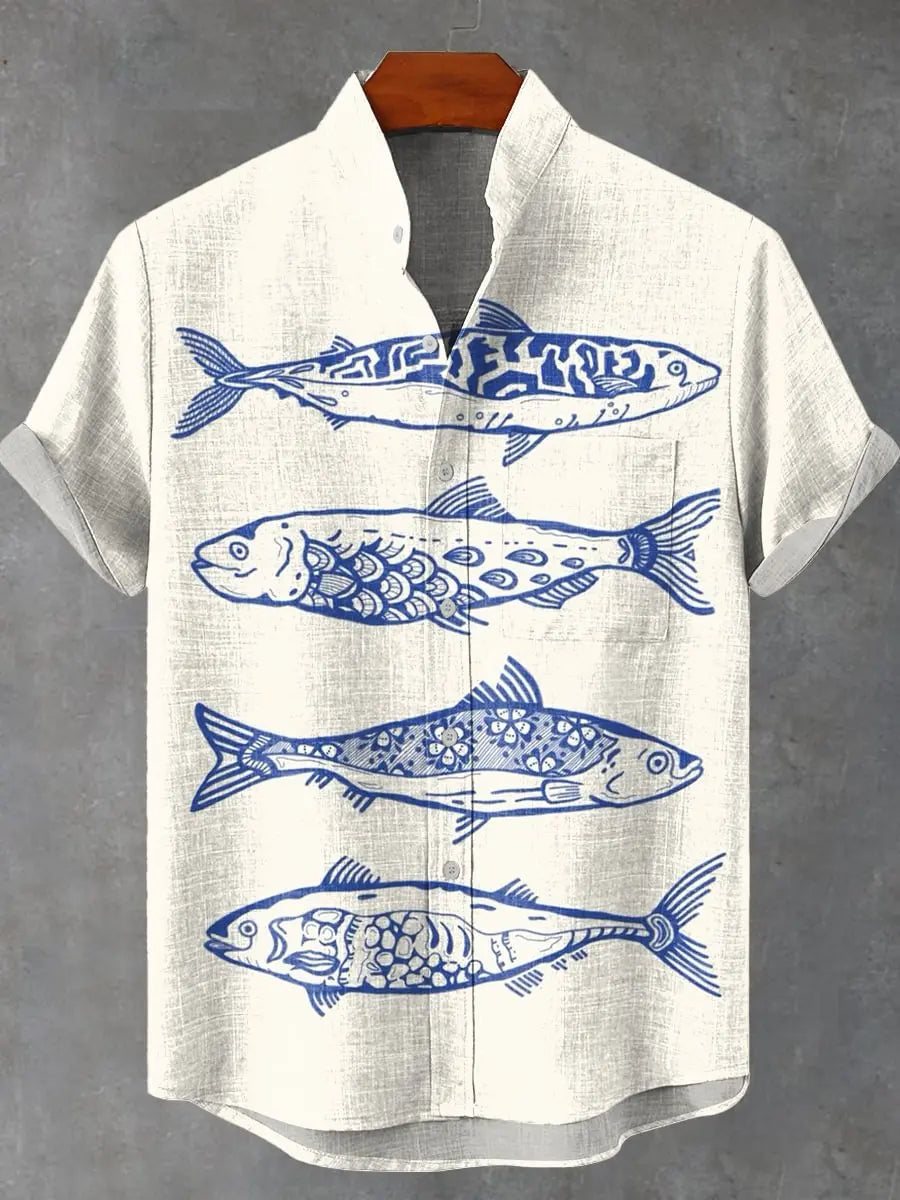 the CLIFFORD - Men's Short Sleeve Linen Shirt, 3D Fish Print Pocket Short Sleeve Shirt, Fashion Button Men's Shirt