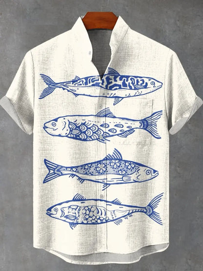 the CLIFFORD - Men's Short Sleeve Linen Shirt, 3D Fish Print Pocket Short Sleeve Shirt, Fashion Button Men's Shirt