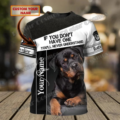 the ALPHA ROTTWEILER - Personalized Name Rottweiler Never Walk Alone 3D Printed Men's T-Shirt, Summer Casual Unisex Tee Shirt, Gift for Dog Lovers