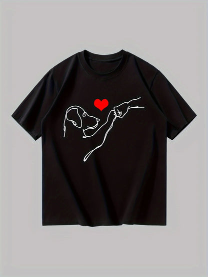 the LOVE PUNCH - Men's Summer 100% Cotton Fashionable Casual Loose Dog and Heart Pattern Printed Sports Round Neck Short Sleeve T-Shirt Top