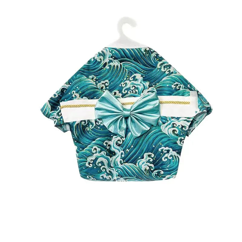 Adorable Brocade Pet Kimono Dress Japanese Style Pet Dress Floral Bowknot Pet Costume for Dogs Cats