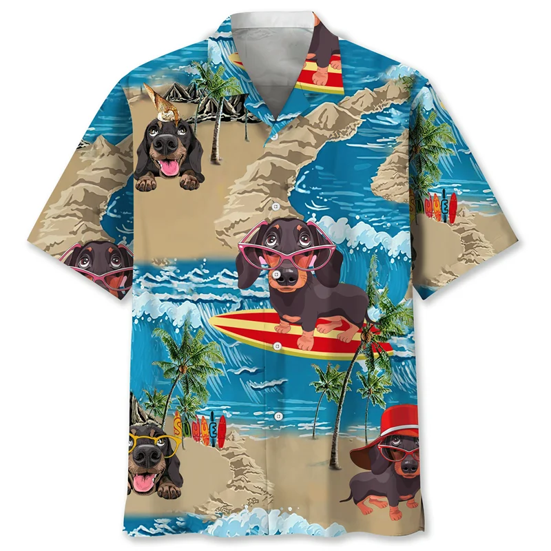 the DACHSHUND DOG DAY - Cartoon Dachshund Dog 3D Printed Shirt for Men, Animal Pets Graphics Short Sleeves Hawaiian Shirts, Tops Loose Lapel Blouse