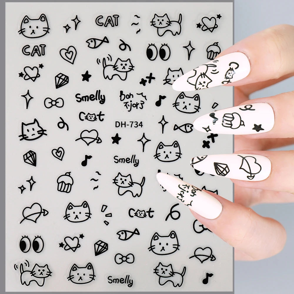 3D Flat Cute Cartoon Nail Stickers Doodle Cat Dog Heart Star Flower Nail Art Stickers Women DIY Manicure Decoration Decals