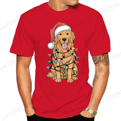 the GOLDEN CHRISTMAS - New Men's T-Shirts Christmas Golden Retriever Print T-Shirts, Round Neck Short Sleeve Casual T-Shirt, Happy New Year Dog Shirts