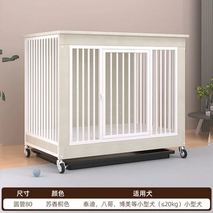 Reinforced Anti-Biting Dog Kennel Sturdy and Durable Wooden Round Pipe Dog Cage with Detachable Wheels Pet Bed