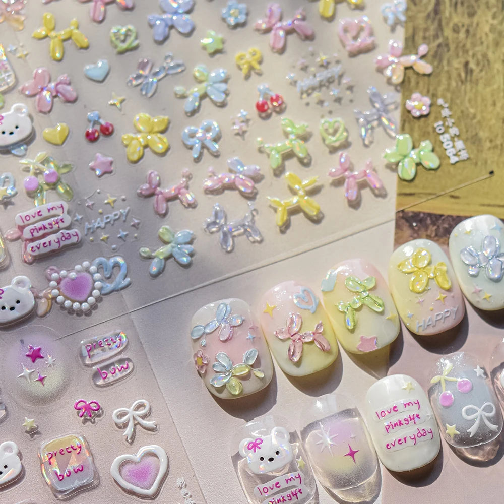Colorful Balloon Cute Puppy Flower Cherry Bowknot Love Happy Dog Animal Self Adhesive Nail Art Sticker Decoration Manicure Decal