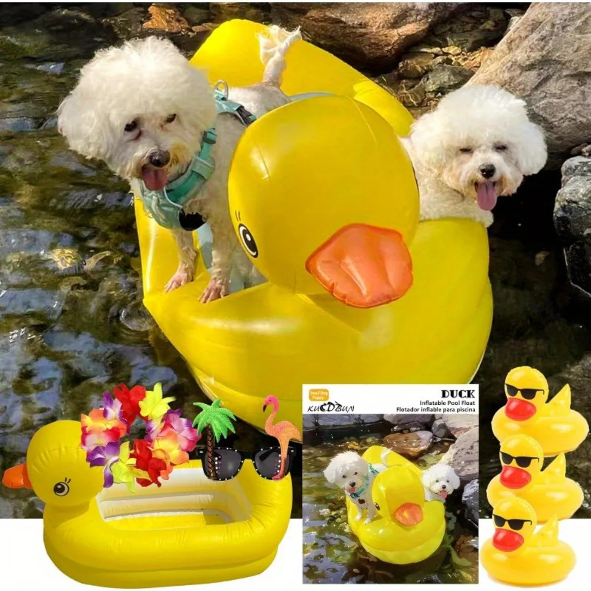 2in1 Dogs Pool Float Inflatable Foldable Pvc Dog Swimming Pool Yellow Duck Float for 22 Lb Pets Summer Pool Interactive Pet Toys