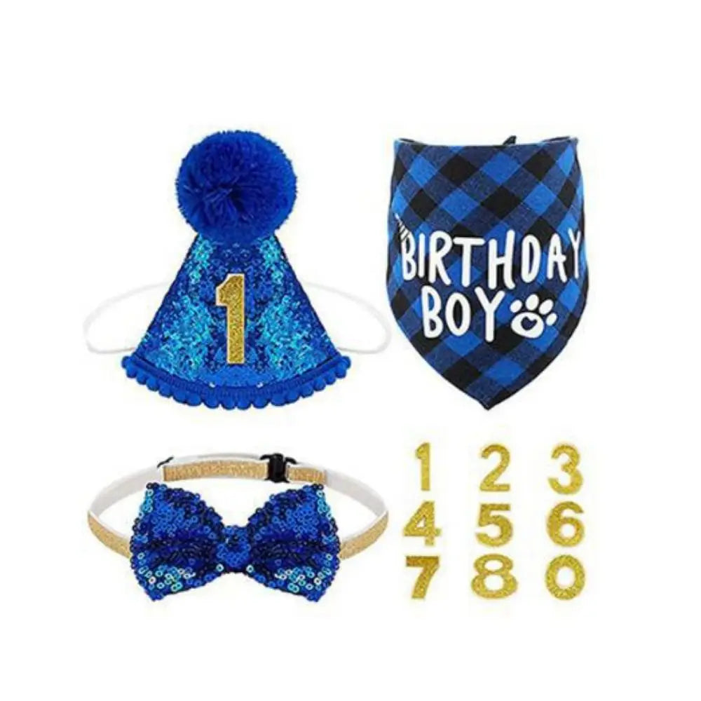 Decorative Pet Birthday Set Polyester Adjustable Dog Sequins Hat Blue Cat Birthday Hat Bow Tie Birthday Party