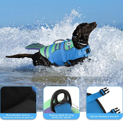 the MER-DOG - Pet Dog Life Jacket, Enhanced Buoyancy Small Dogs Swimming Clothes, Safety Vest with Handle for Medium/Large Dog, Surfing Costume