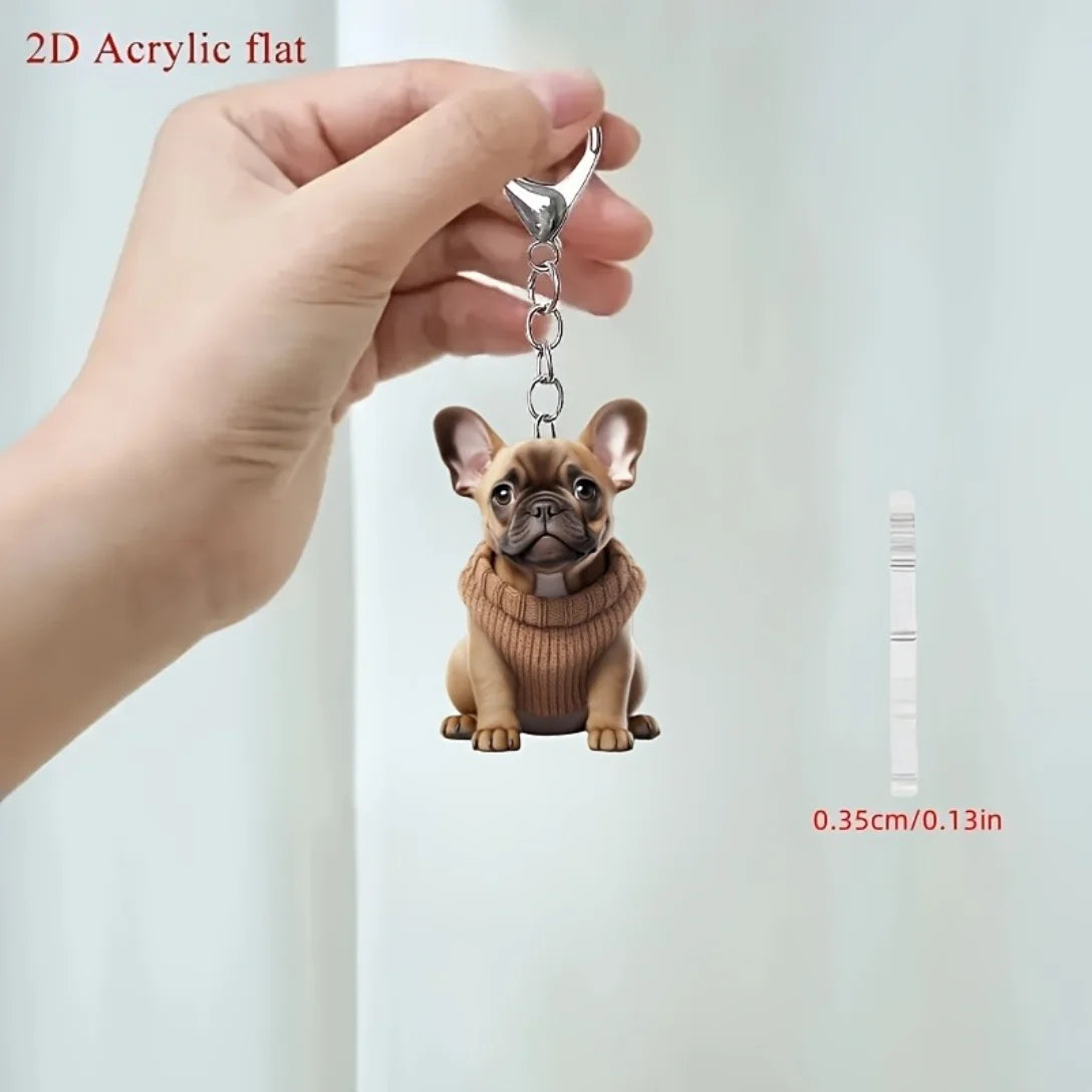 French Bulldog in Sweater Pendant Keychain,Cartoon Puppy 2D Flat Acrylic Ornament,Hanging Decoration for Car,Bags,Festive,Gift