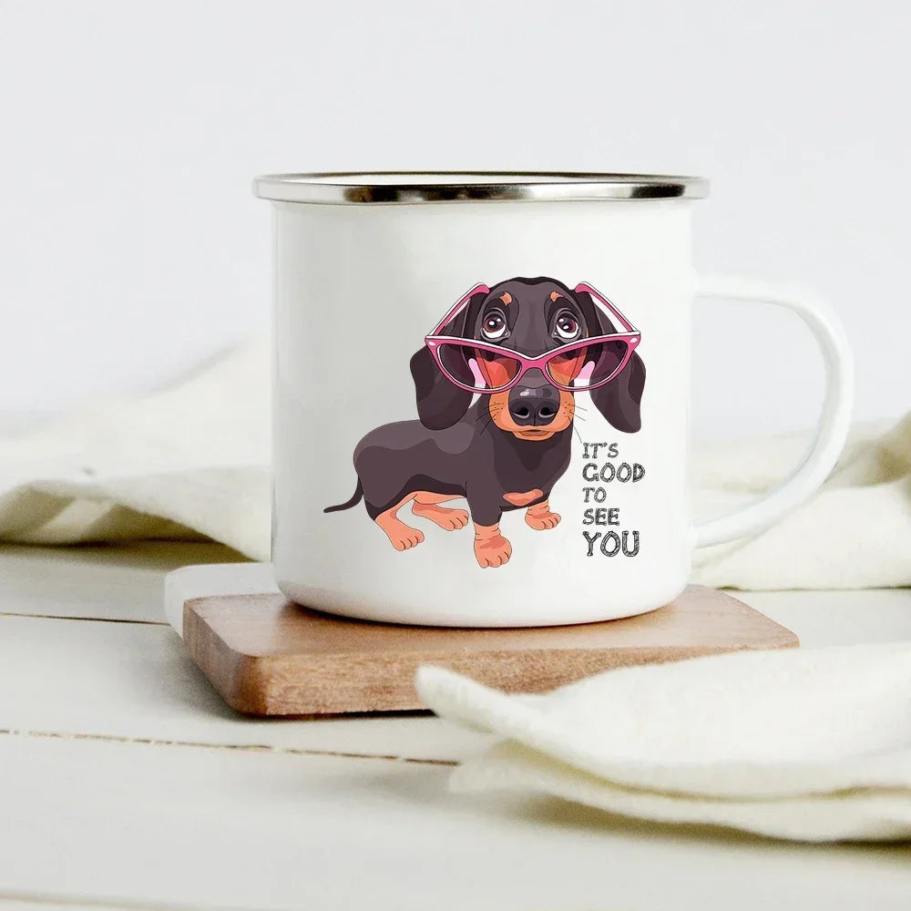 Funny Dachshund Print Creative Enamel Mug Coffee Wine Mugs Cartoon Dogs Paw Party Drink Beer Juice Milk Cups Gifts for Lover Dog