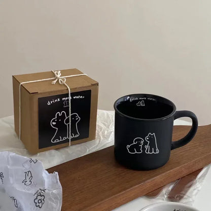Premium Frosted Small Dog Mark Cup, Korean INS Breakfast Coffee Cup, Ceramic Cup Black and White Couple Cup Gift Box Set