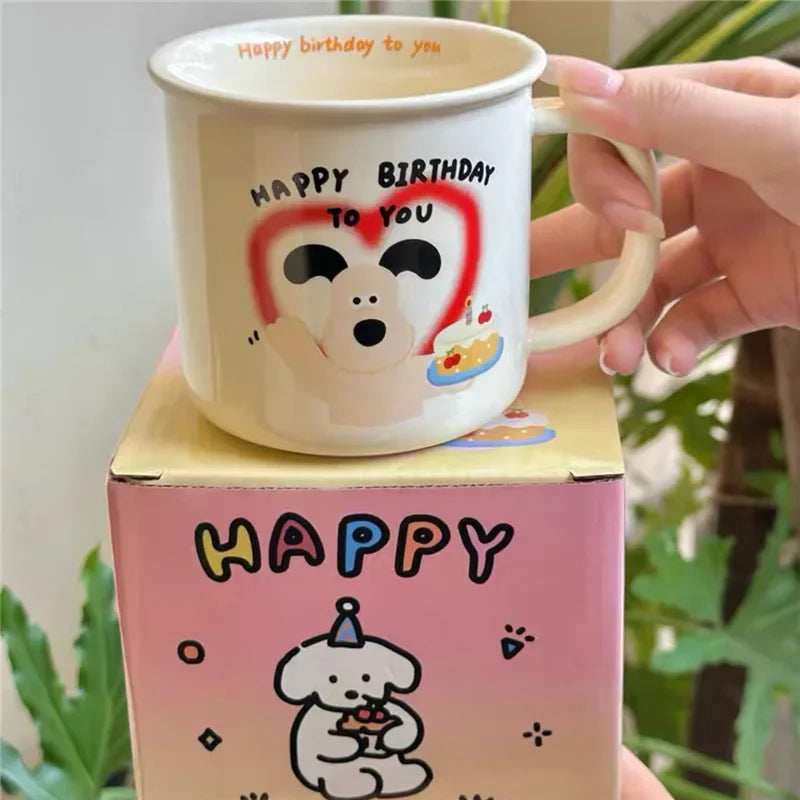 1Pcs Ins Cute Happy Bear Ceramic Mug Kawaii White Puppy Cartoon Coffee Mug Fashion Vintage Afternoon Tea Cup Pair Couple Gift