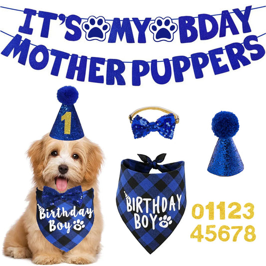 Dog Birthday Party Kit - Bandana, Hat, Bow Tie & Bday Banner for Small Dogs, Puppy Decor with It’s My Bday Signs Boy/Girl
