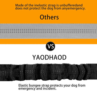 the DOGGY SEAT BELT - Dog Seat Belt Harness for Car, Restraint Adjustable with Elastic Bungee Buffer Headrest for Vehicle, 360° Swivel Carabiner Nylon