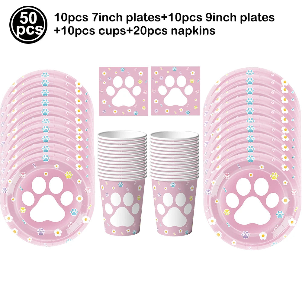 Dog Birthday Party Supplies Pink Blue Paw Paper Plates Napkins Cups Cute Puppy Theme Kids Birthday Baby Shower Party Table Decor