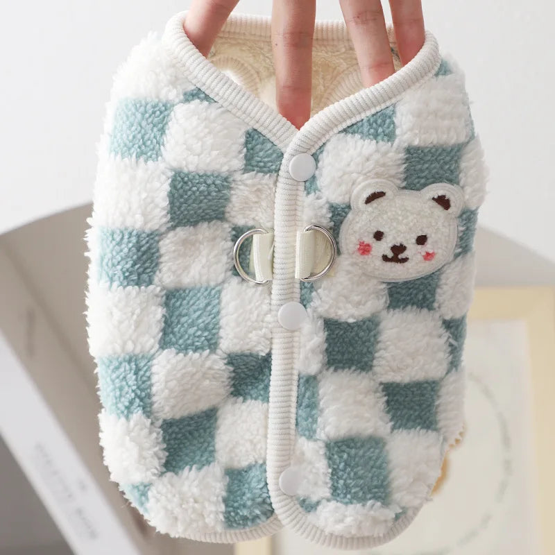 Winter Warm Pet Dog Coat Plaid Dog Clothes with D-ring Plush Pet Jacket for Small Medium Dogs Chihuahua Yorkie Costume