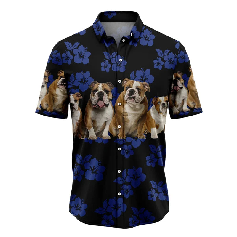 the BULLDOG HAWAII - Funny Bulldog Pattern Hawaiian Shirts, Summer Casual Beach Vacation 3D Cute Dog Printed Shirt, Loose Breathable Dog Lover Blouses