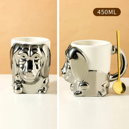 1pc Creative Stereo Dog Coffee Cup Cartoon Animal Tea Cup Gold Plated Silver Dog Ceramic Mug Couple Gift Oatmeal Mug Home Decor