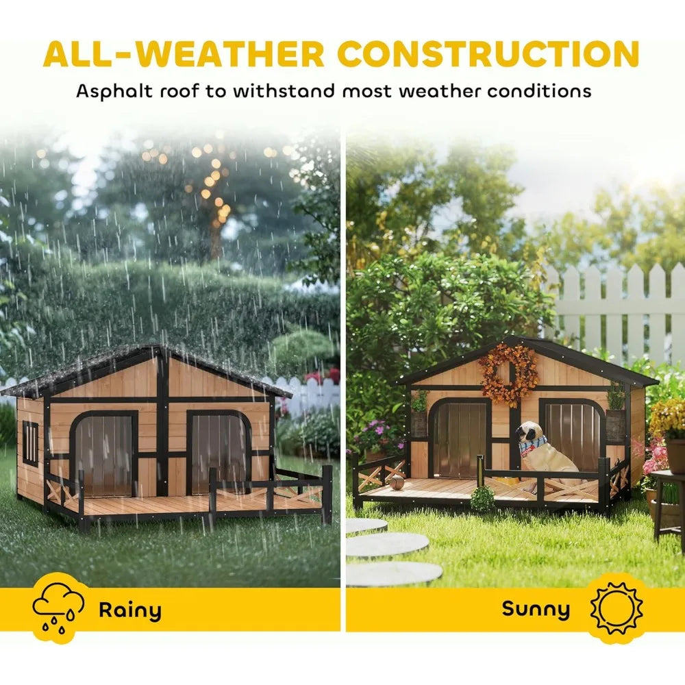 the LUXURY PET PAD - Wooden Large Doghouse Outdoor Double XL Dog Kennel with Elevated Floor and Porch, Weatherproof Puppy/Dog Shelter