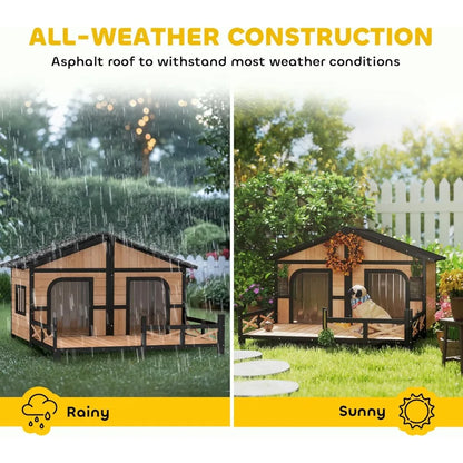 the LUXURY PET PAD - Wooden Large Doghouse Outdoor Double XL Dog Kennel with Elevated Floor and Porch, Weatherproof Puppy/Dog Shelter