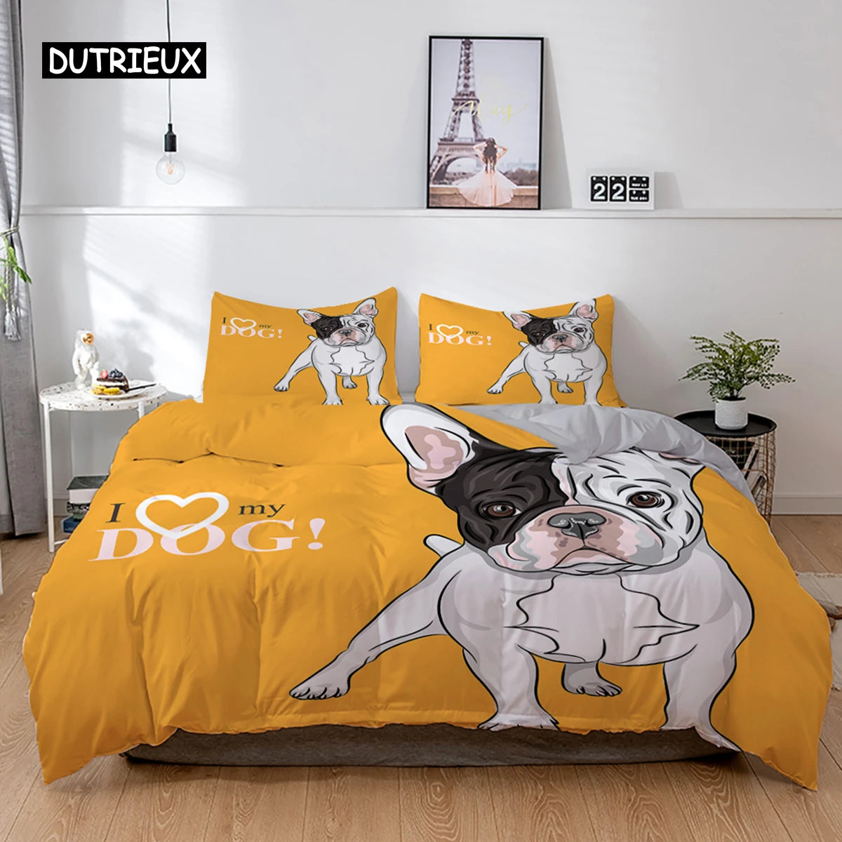the PRINTED PET DUVET - 3D Dog Bedding Set, Cute French Bulldog Puppy Duvet Cover Sets, Cartoon Bed Cover, Pet Animals Home Textiles, Queen 2/3Pcs King Full