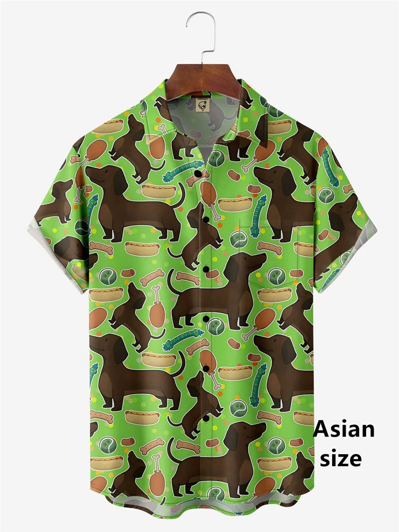the HOT DOG DACHSHUND - Funny Cartoon Hot Dog Dachshund Graphic Shirts, Men/Women 3D Printed Casual Vacation Hawaiian Short Sleeve Shirts, Button Blouse