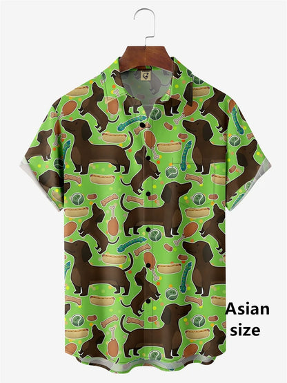 the HOT DOG DACHSHUND - Funny Cartoon Hot Dog Dachshund Graphic Shirts, Men/Women 3D Printed Casual Vacation Hawaiian Short Sleeve Shirts, Button Blouse