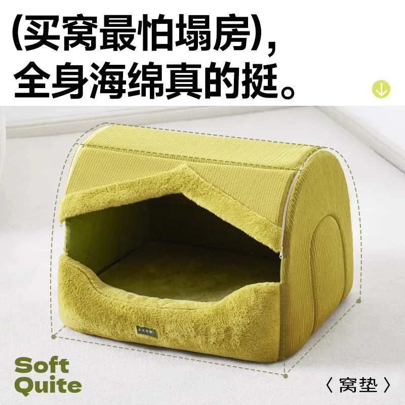Dog Bed for Warmth in Winter, A Small Dog for A Sense of Security, and A Warm Dog House in Winter