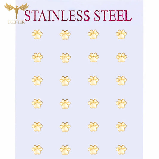 12 Pairs Women Girls Small Earrings 3D Animal Dog Bear Cat Paw Design Stud Earrings Set Golden Stainless Steel Jewelry Earrings