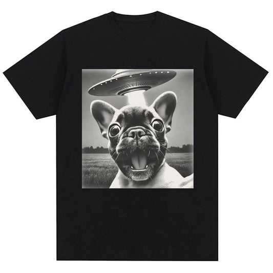 the BEAM ME UP SCOTTY - French Bulldog UFO Funny Meme Graphic T-Shirt, Vintage Fashion Men/Women Short Sleeve Oversized Cotton Summer T-Shirts Streetwear