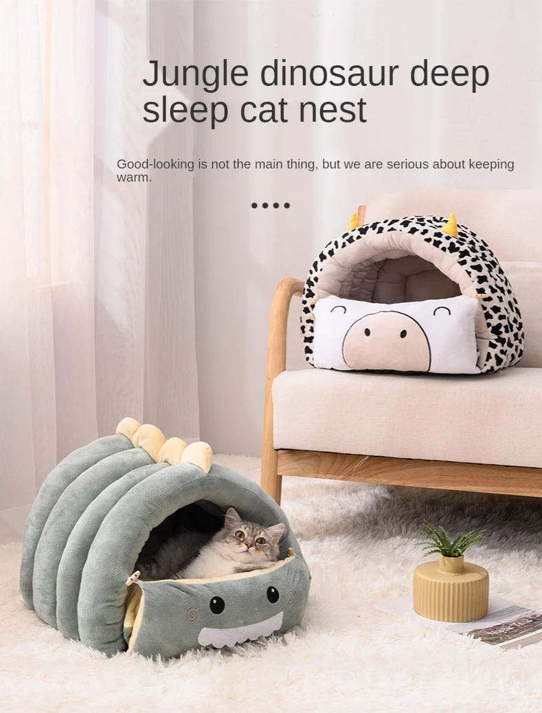2 In1 Dinosaur Pet Dog House Foldable Cat for Small Dogs Bed Winter Warm Puppy Pads Sofa Removable Sleeping Kennel Nest Products
