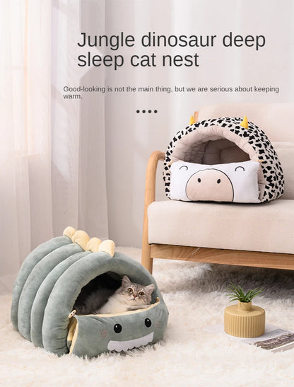 2 In1 Dinosaur Pet Dog House Foldable Cat for Small Dogs Bed Winter Warm Puppy Pads Sofa Removable Sleeping Kennel Nest Products