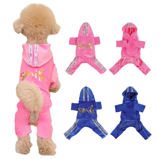Soft Velvet Dog Jumpsuit Puppy Pajamas Onesie with Hoodie Pet Apparel Spring Autumn Cozy Dog Clothes for Small Medium Dogs