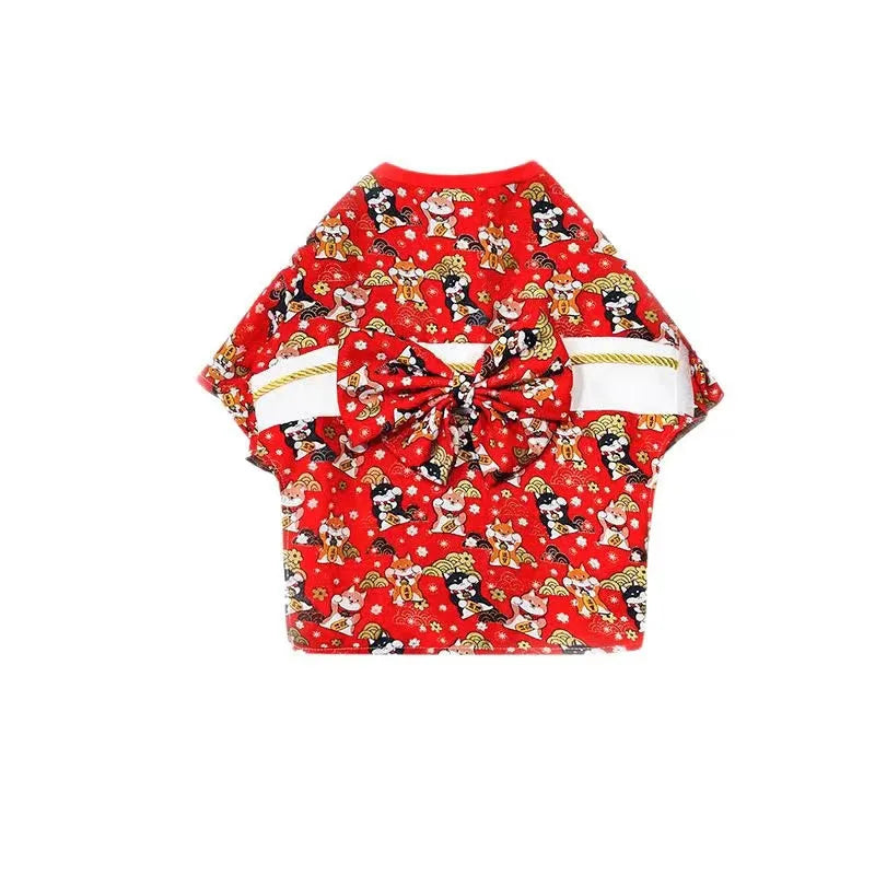 Adorable Brocade Pet Kimono Dress Japanese Style Pet Dress Floral Bowknot Pet Costume for Dogs Cats