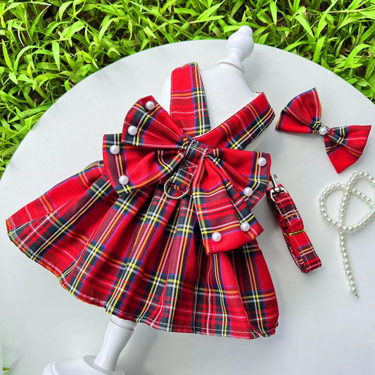 Pet Dog Cat JK Dresses Strap Bow Tie Harness Leash Dog Clothing Skirt Cat Pet Clothing Cosplay Christmas Checker Clothes