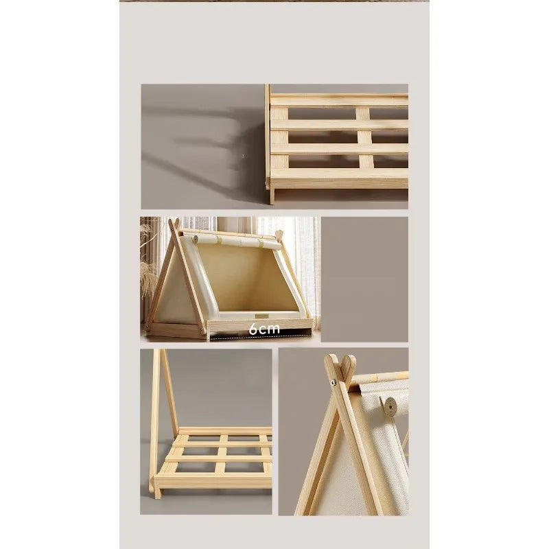 the POW-WOW PET BED - Wooden Oxford Cloth Dog Bed, Elevated Moisture-Proof Tent, Enclosed Safety House All-Season Dog Shelter with Frame Support