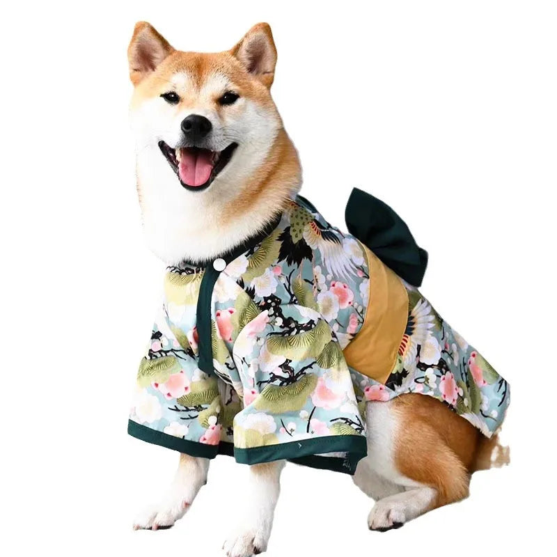 Adorable Brocade Pet Kimono Dress Japanese Style Pet Dress Floral Bowknot Pet Costume for Dogs Cats